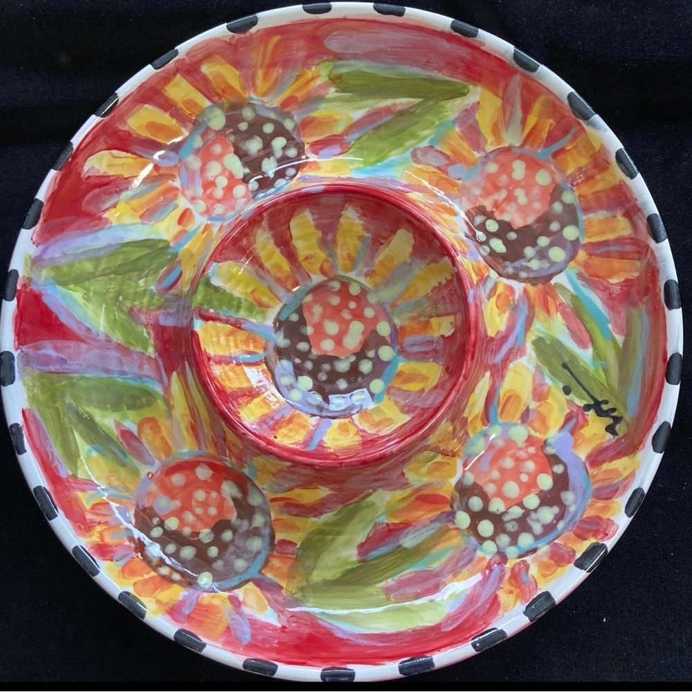 Hand painted Sunflowers On Scarlet Ceramic Chip And Dip 12β Original Design